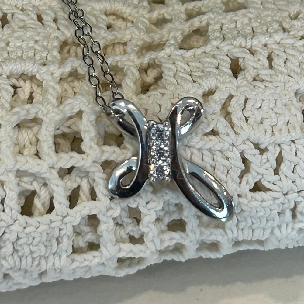 Sterling Silver Cross Necklace Ribbon Pendant with Crystals Stamped 925 CZ - Picture 5 of 13